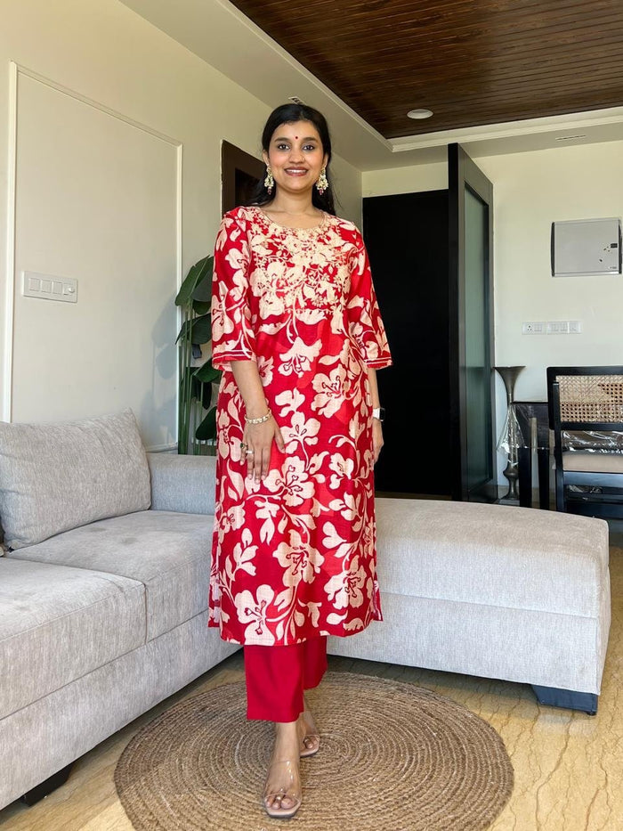 Basera Red Floral Muslin Suit