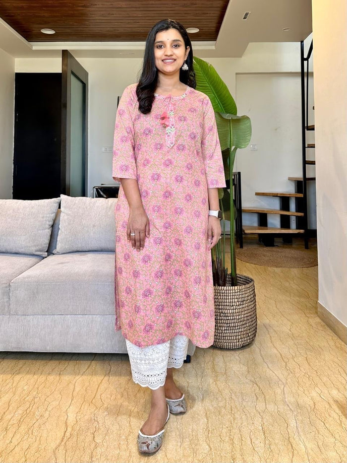 Basic Cotton Kurta- Pink Floral