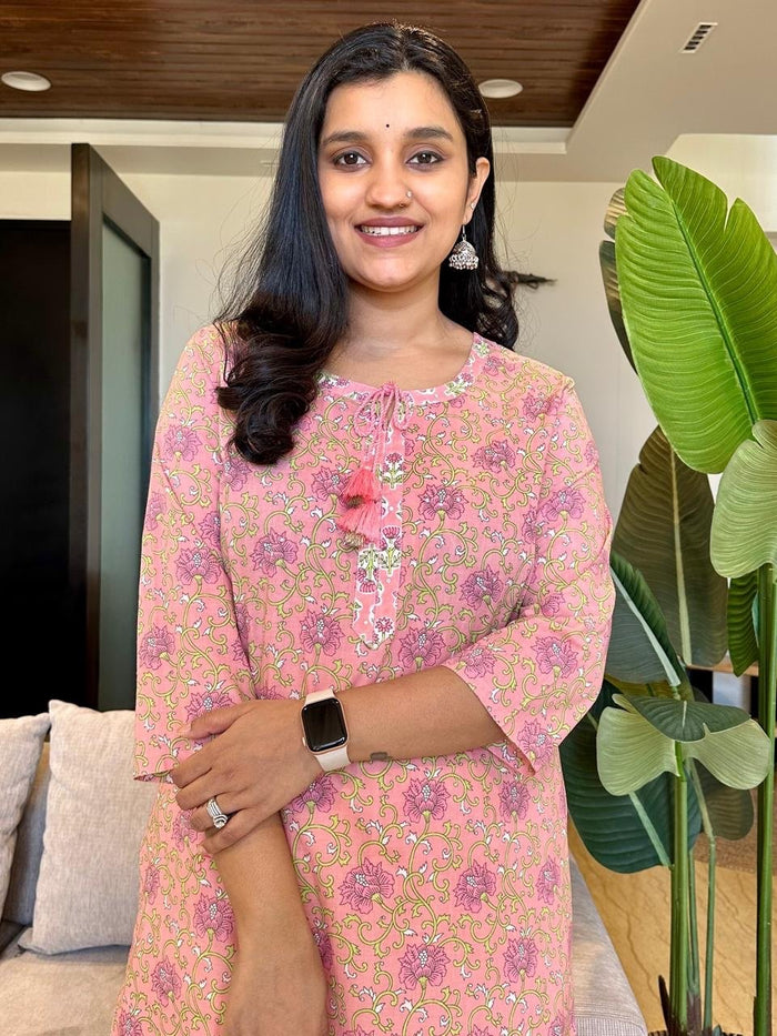 Basic Cotton Kurta- Pink Floral