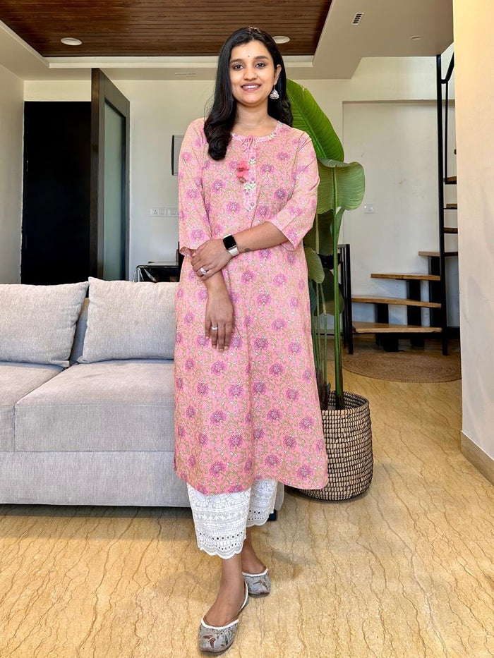 Basic Cotton Kurta- Pink Floral
