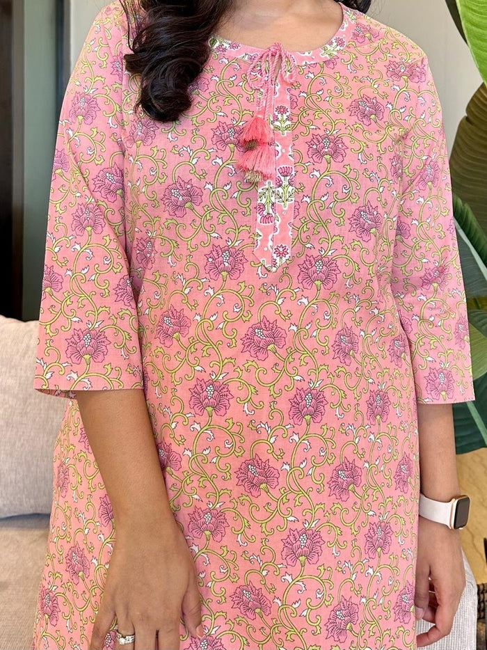 Basic Cotton Kurta- Pink Floral