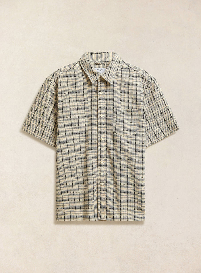 The Percival Bayley textured short-sleeve check shirt in cream 100% cotton, featuring a geometric plaid pattern.