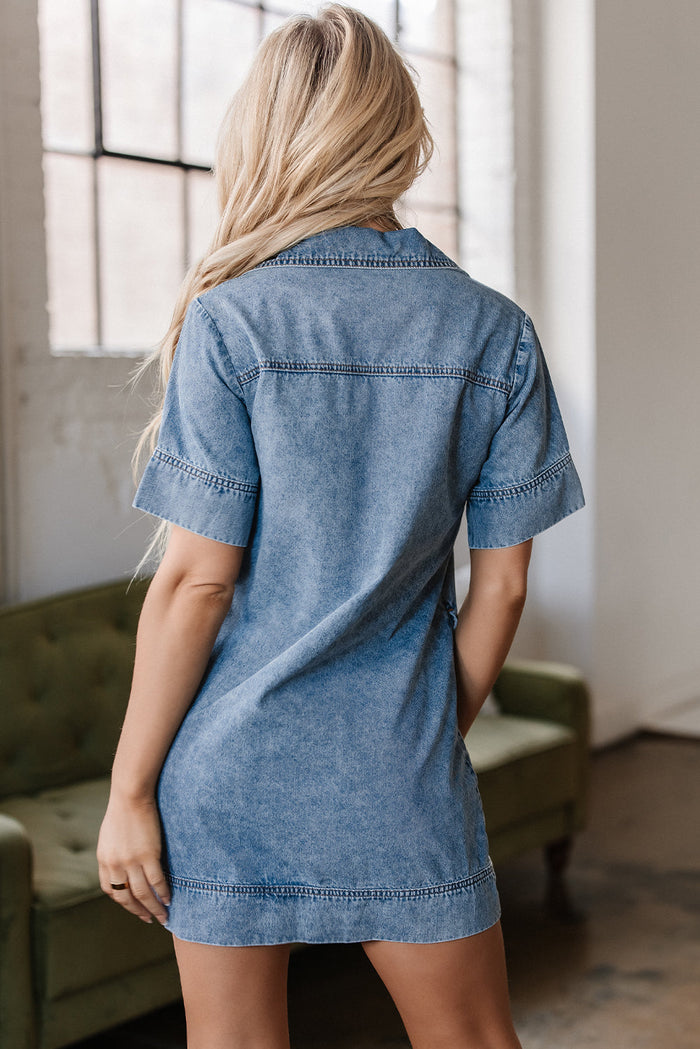 Beau Blue Short Sleeve Collared Patched Pocket Denim Mini Dress - Dresses/Mini Dresses