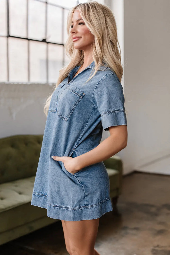 Beau Blue Short Sleeve Collared Patched Pocket Denim Mini Dress - Dresses/Mini Dresses