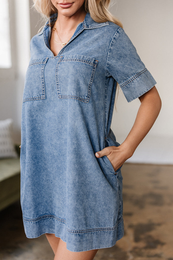 Beau Blue Short Sleeve Collared Patched Pocket Denim Mini Dress - Dresses/Mini Dresses