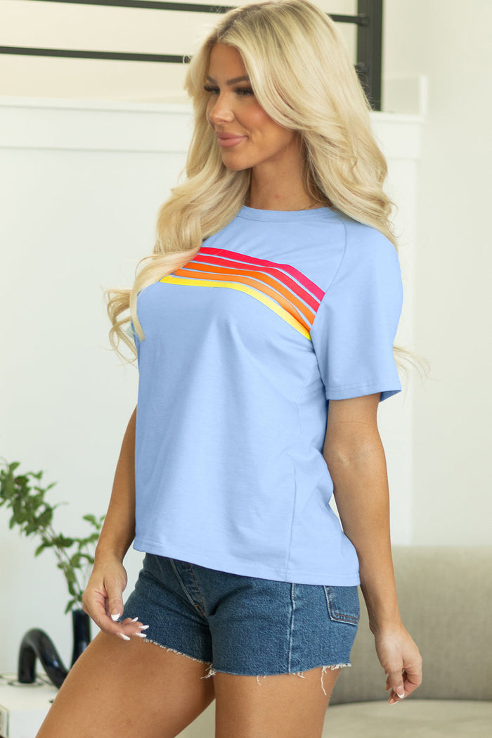 Beau Blue Striped Patch Front Casual Tee - Tops/Tops & Tees
