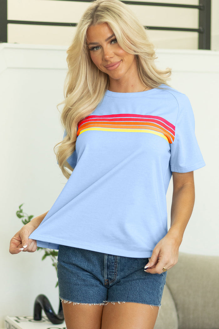 Beau Blue Striped Patch Front Casual Tee - Tops/Tops & Tees