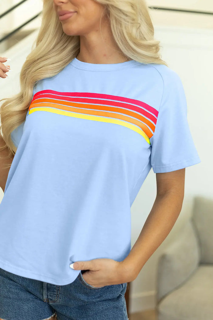 Beau Blue Striped Patch Front Casual Tee - Tops/Tops & Tees
