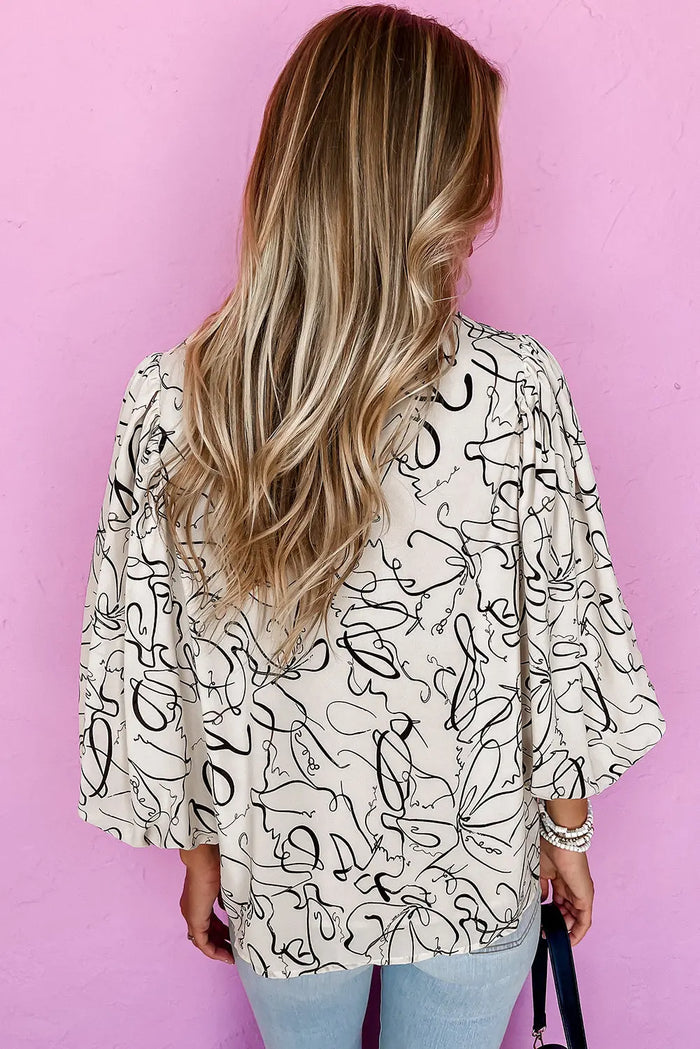 Beige Abstract Print Balloon Sleeve Crew Neck Blouse - Tops/Blouses & Shirts