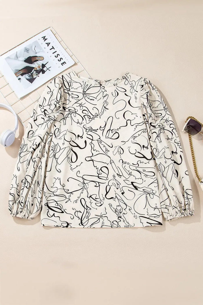 Beige Abstract Print Balloon Sleeve Crew Neck Blouse - Tops/Blouses & Shirts