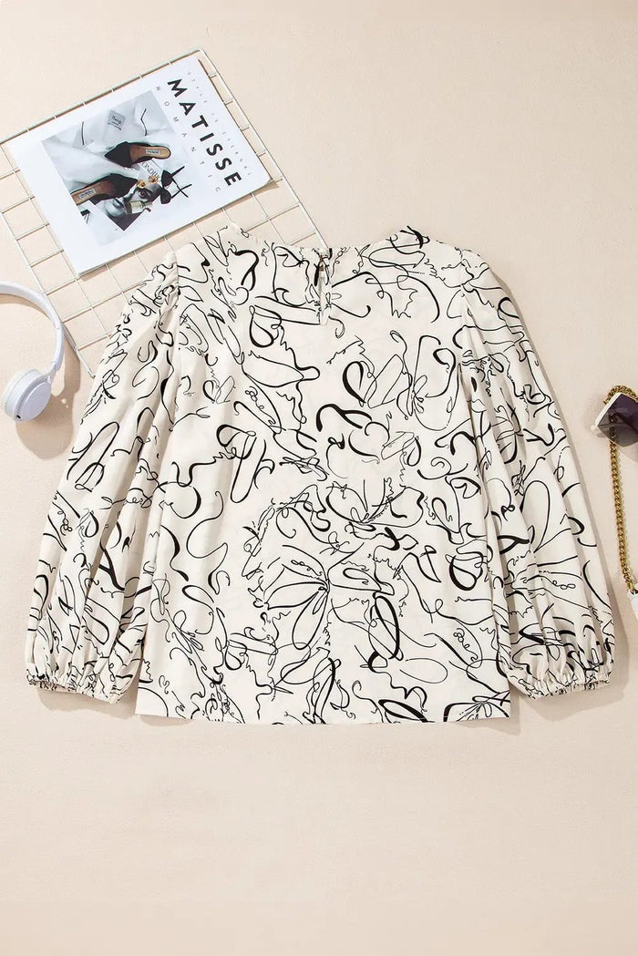 Beige Abstract Print Balloon Sleeve Crew Neck Blouse - Tops/Blouses & Shirts