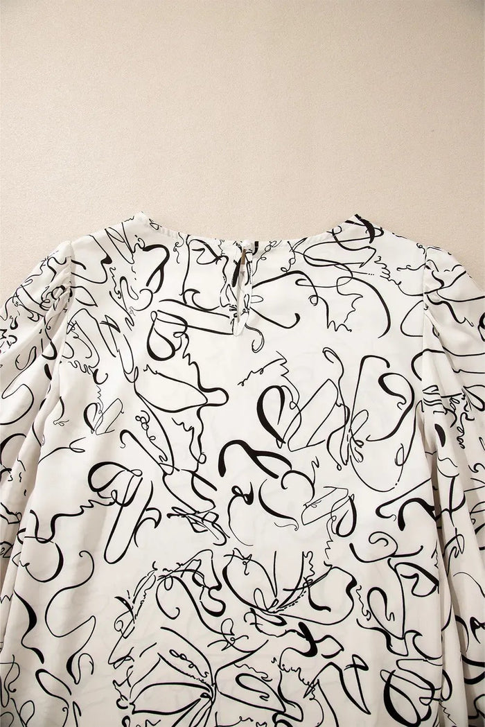 Beige Abstract Print Balloon Sleeve Crew Neck Blouse - Tops/Blouses & Shirts