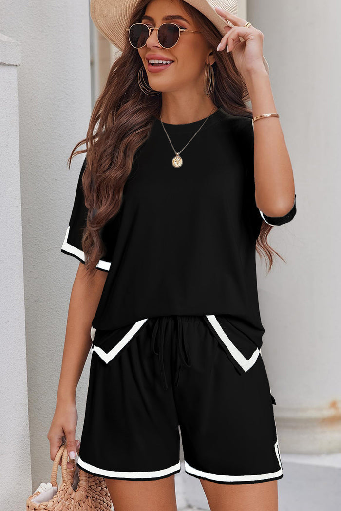 Beige Contrast Trim Tee and Shorts Set - Two Piece Sets/Short Sets
