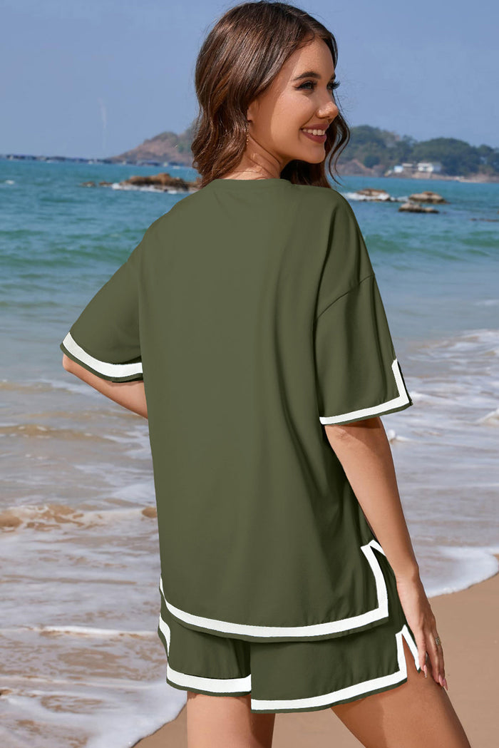 Beige Contrast Trim Tee and Shorts Set - Two Piece Sets/Short Sets