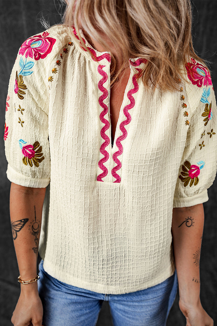 Beige Floral Embroidered Ricrac Puff Sleeve Textured Blouse - BEIGE / S / 100% POLYESTER - Tops/Blouses & Shirts