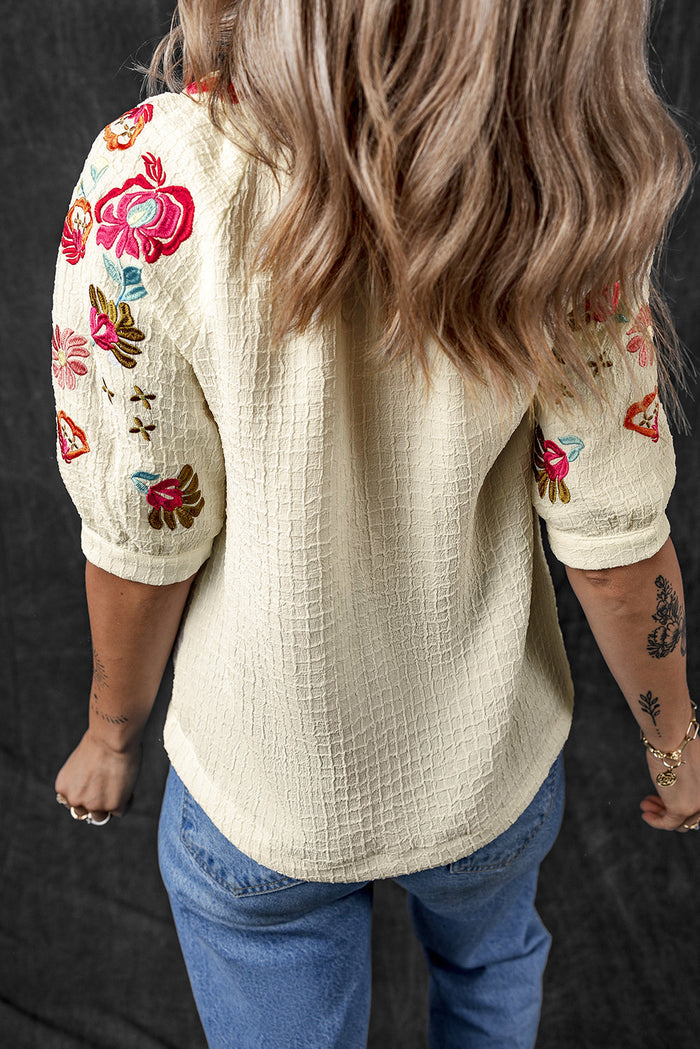Beige Floral Embroidered Ricrac Puff Sleeve Textured Blouse - Tops/Blouses & Shirts