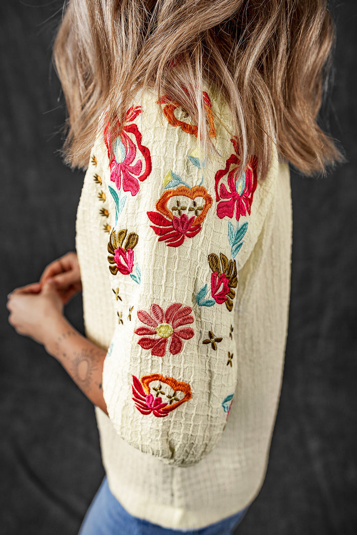Beige Floral Embroidered Ricrac Puff Sleeve Textured Blouse - Tops/Blouses & Shirts