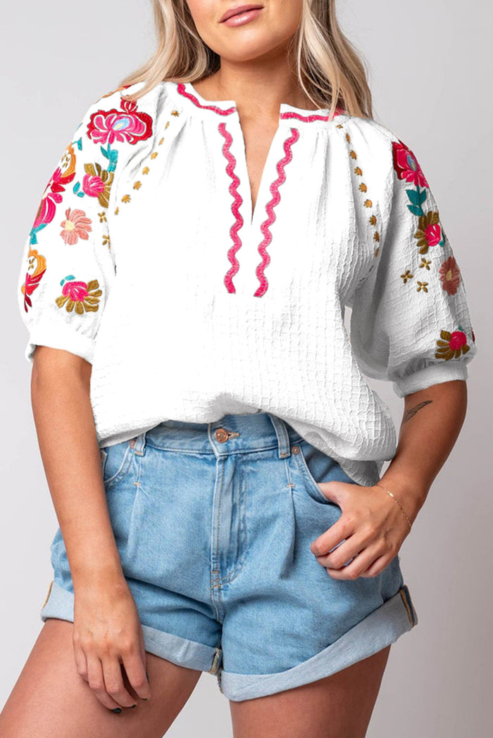 Beige Floral Embroidered Ricrac Puff Sleeve Textured Blouse - WHITE / S / 100% POLYESTER - Tops/Blouses & Shirts
