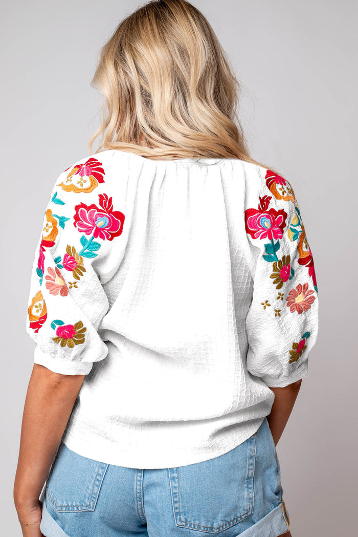 Beige Floral Embroidered Ricrac Puff Sleeve Textured Blouse - Tops/Blouses & Shirts