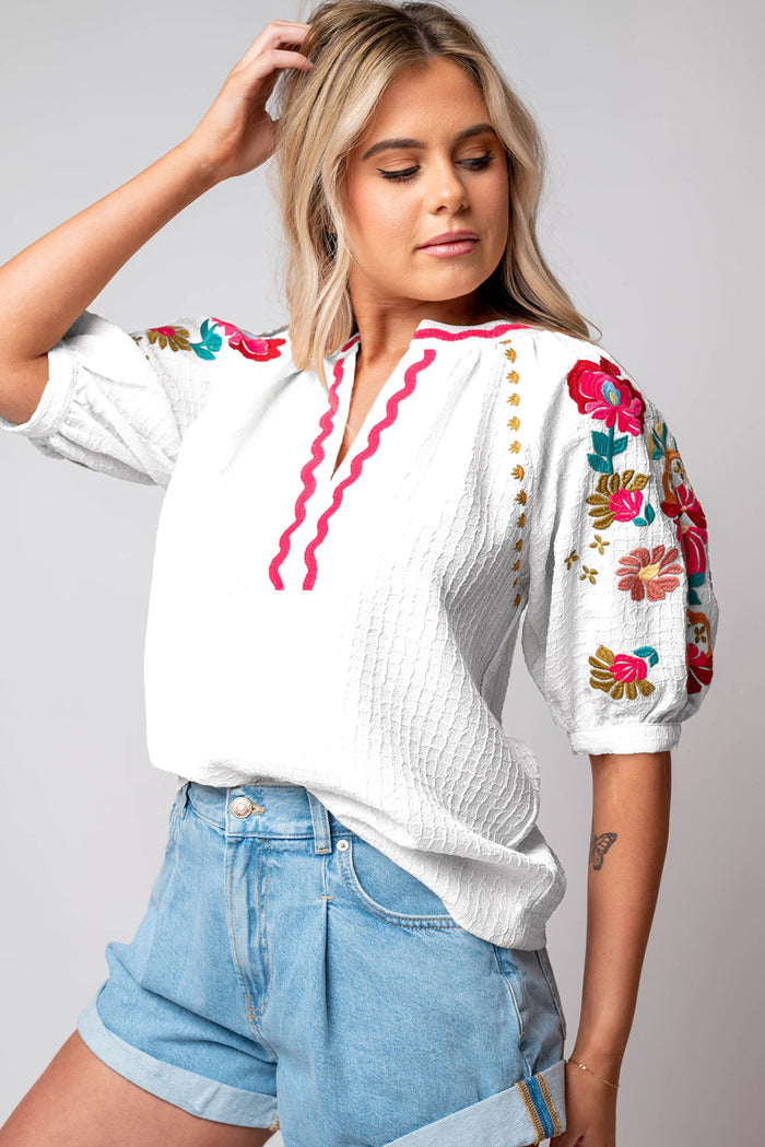 Beige Floral Embroidered Ricrac Puff Sleeve Textured Blouse - Tops/Blouses & Shirts