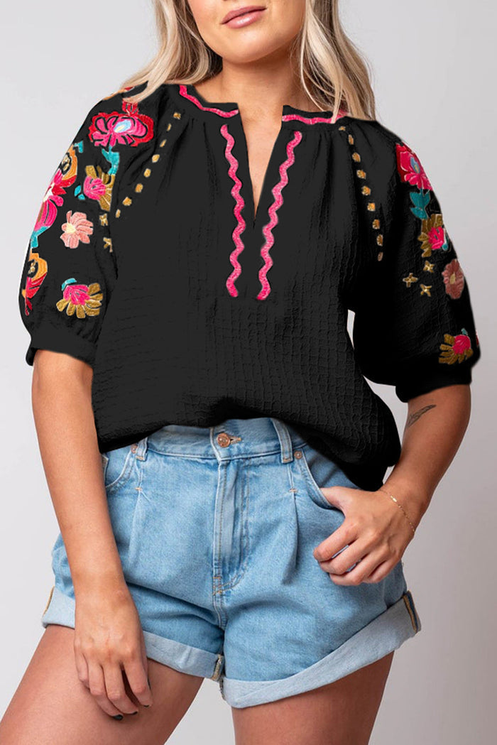 Beige Floral Embroidered Ricrac Puff Sleeve Textured Blouse - BLACK / S / 100% POLYESTER - Tops/Blouses & Shirts