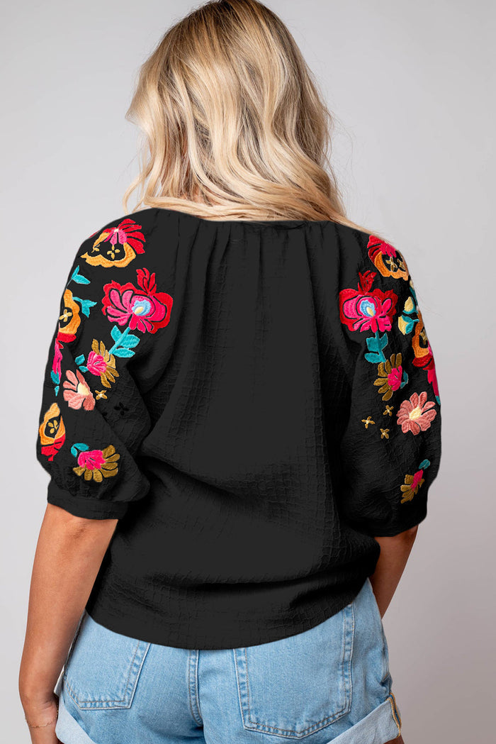 Beige Floral Embroidered Ricrac Puff Sleeve Textured Blouse - Tops/Blouses & Shirts
