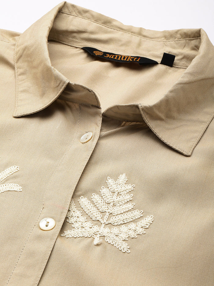 Beige Floral Embroidered Shirt Collar Tunic, Floral Printed Tunic, printed tunic, Shirt collar Tunic, casual wear Tunic, women’s tunic, Office Wear Tunic, Embroidered Short Kurta