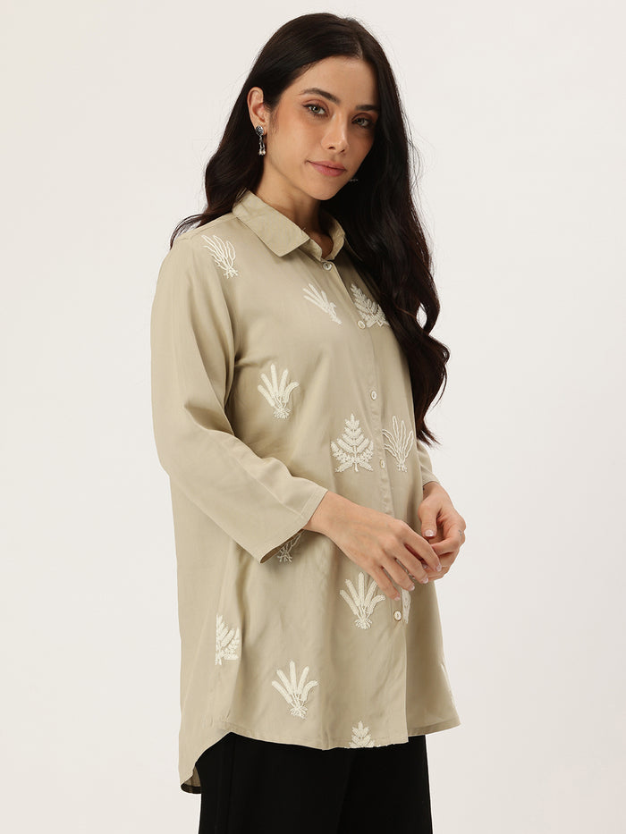Beige Floral Embroidered Shirt Collar Tunic, Floral Printed Tunic, printed tunic, Shirt collar Tunic, casual wear Tunic, women’s tunic, Office Wear Tunic, Embroidered Short Kurta