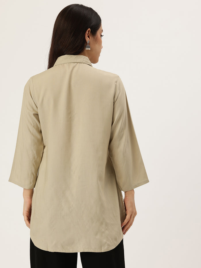 Beige Floral Embroidered Shirt Collar Tunic, Floral Printed Tunic, printed tunic, Shirt collar Tunic, casual wear Tunic, women’s tunic, Office Wear Tunic, Embroidered Short Kurta