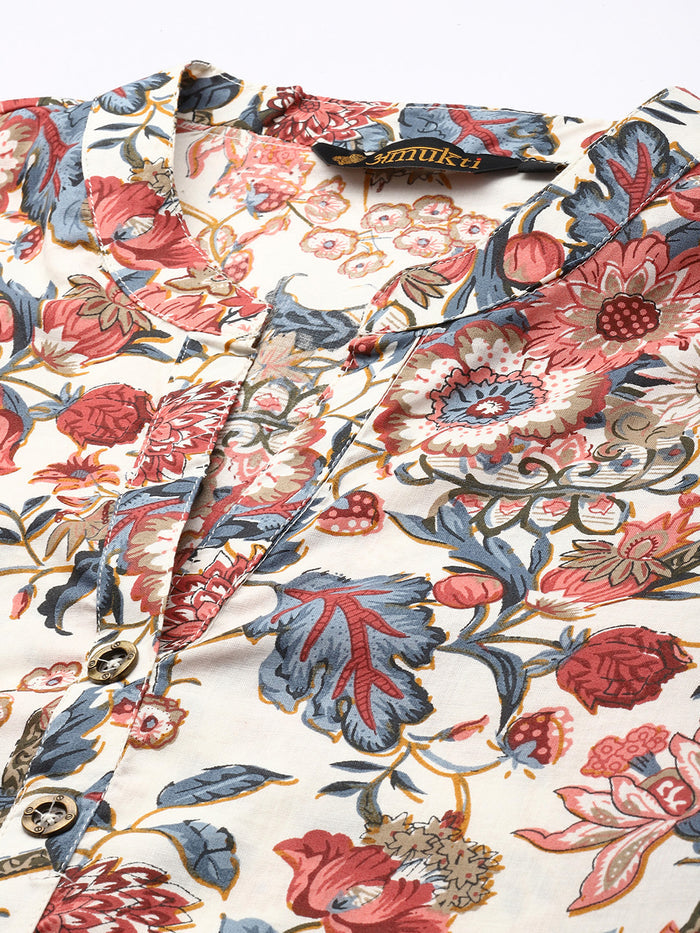 Beige Floral Print Mandarin Collar Tunic, Floral Printed Tunic, printed tunic, mandarin collar Tunic, casual wear Tunic, women’s tunic, Office Wear Tunic