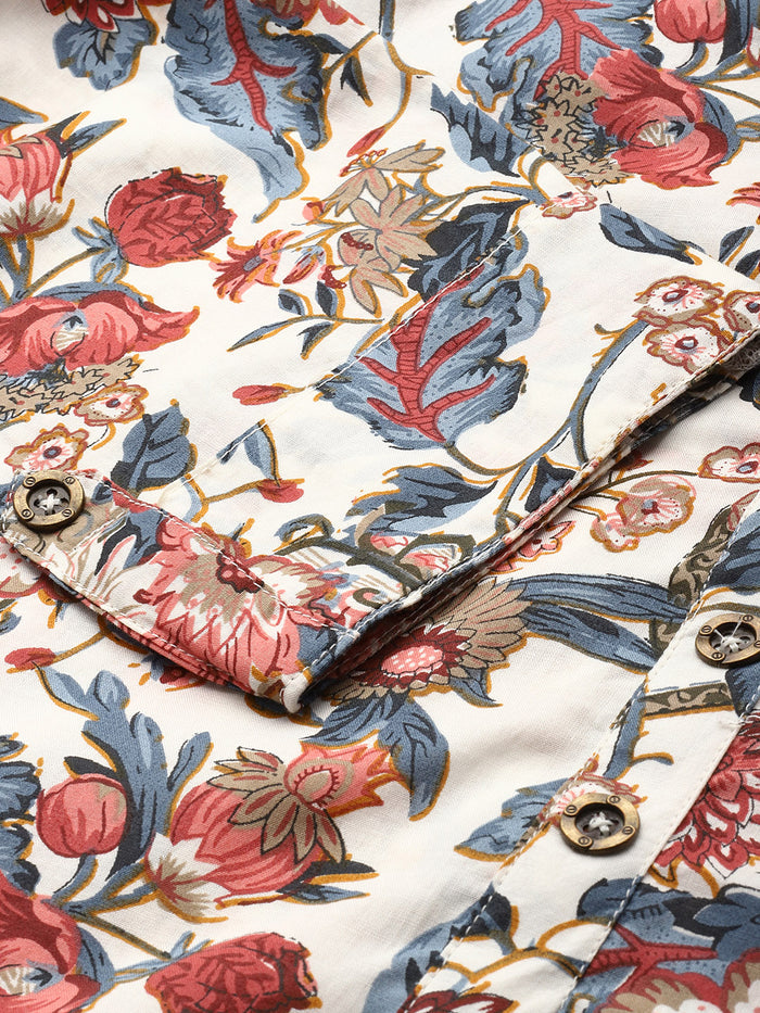 Beige Floral Print Mandarin Collar Tunic, Floral Printed Tunic, printed tunic, mandarin collar Tunic, casual wear Tunic, women’s tunic, Office Wear Tunic