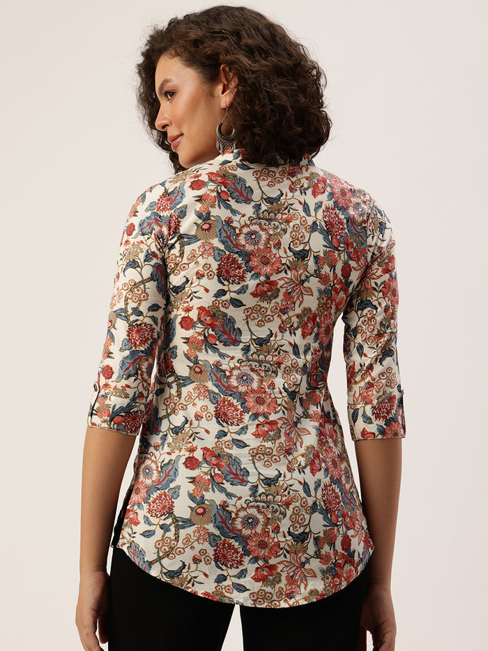 Beige Floral Print Mandarin Collar Tunic, Floral Printed Tunic, printed tunic, mandarin collar Tunic, casual wear Tunic, women’s tunic, Office Wear Tunic