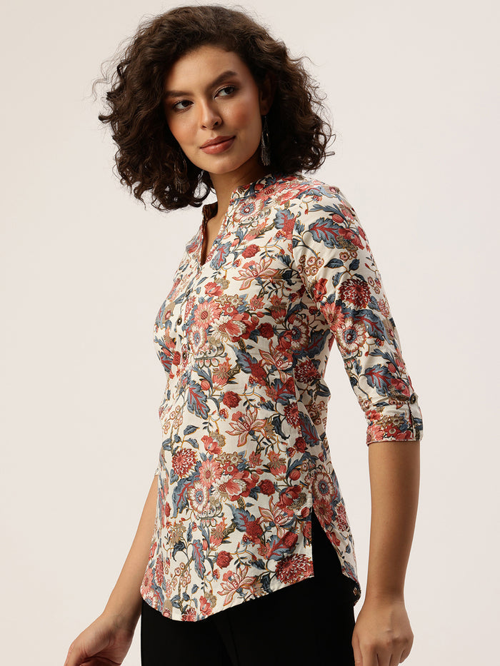 Beige Floral Print Mandarin Collar Tunic, Floral Printed Tunic, printed tunic, mandarin collar Tunic, casual wear Tunic, women’s tunic, Office Wear Tunic