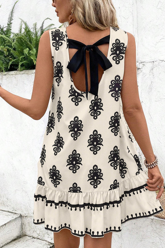 Beige Geometric Printed Sleeveless Hollowed Bowknot Back Mini Dress - S / 100% Polyester - Dresses/Mini Dresses