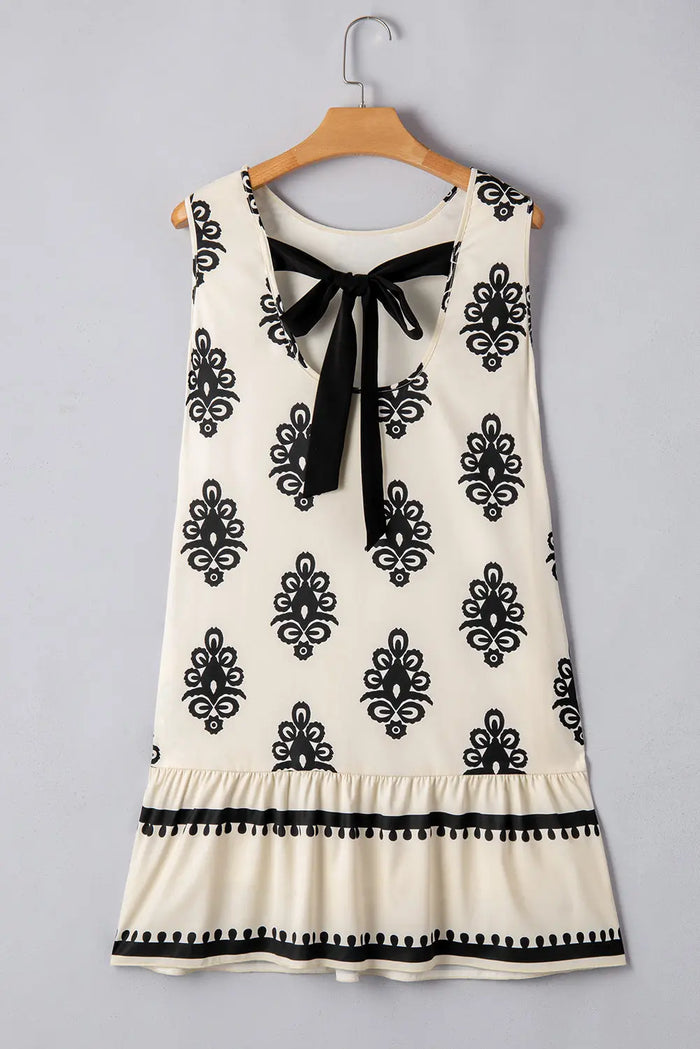 Beige Geometric Printed Sleeveless Hollowed Bowknot Back Mini Dress - Dresses/Mini Dresses