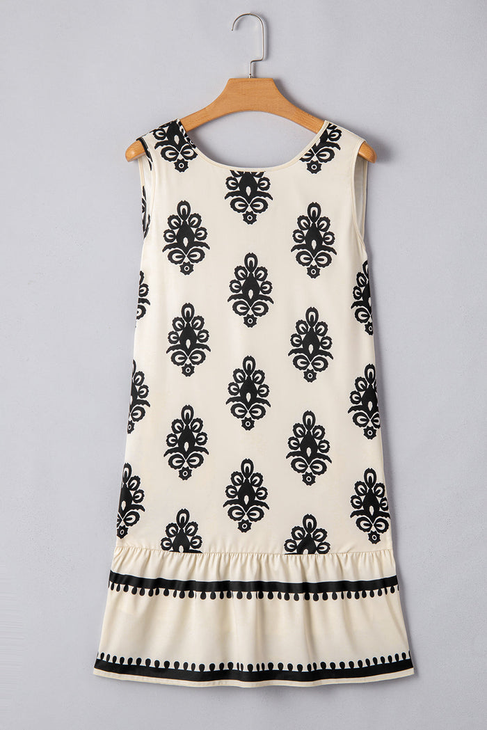 Beige Geometric Printed Sleeveless Hollowed Bowknot Back Mini Dress - Dresses/Mini Dresses