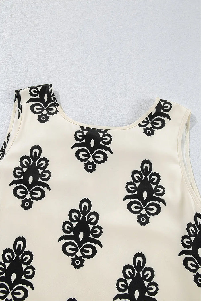 Beige Geometric Printed Sleeveless Hollowed Bowknot Back Mini Dress - Dresses/Mini Dresses