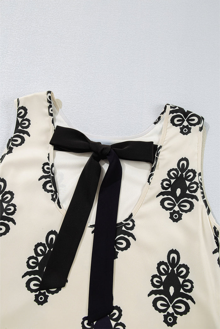 Beige Geometric Printed Sleeveless Hollowed Bowknot Back Mini Dress - Dresses/Mini Dresses