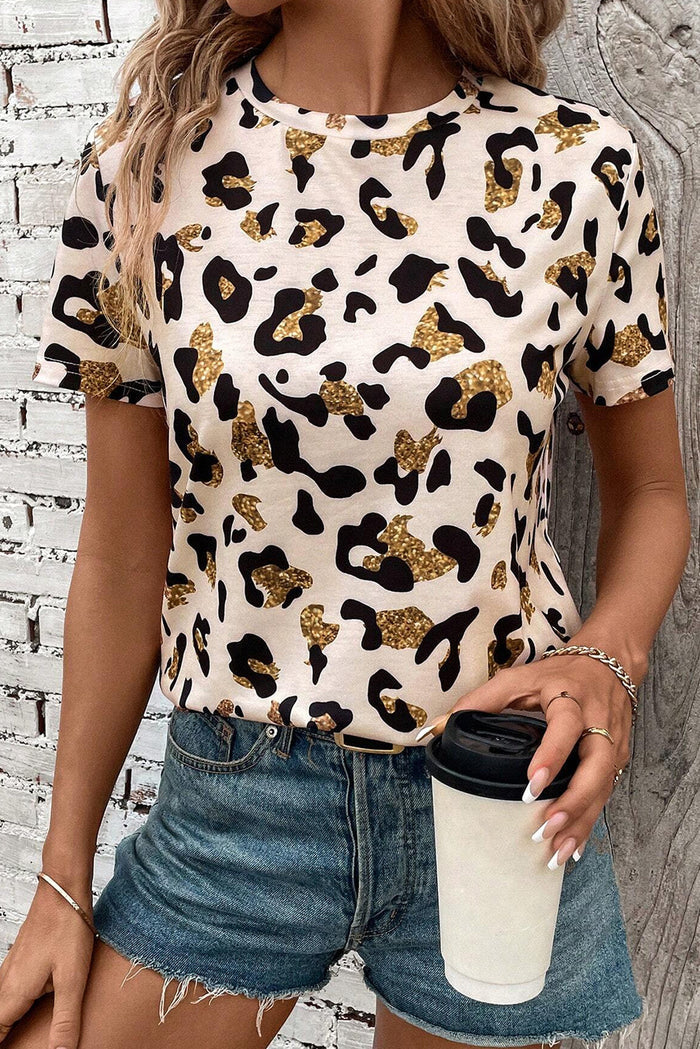 Beige Leopard Print Round Neck Casual T Shirt - Apricot / S / 95% Polyester + 5% Elastane - Tops/Tops & Tees