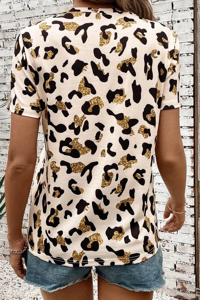 Beige Leopard Print Round Neck Casual T Shirt - Tops/Tops & Tees