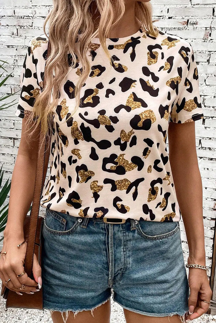 Beige Leopard Print Round Neck Casual T Shirt - Tops/Tops & Tees