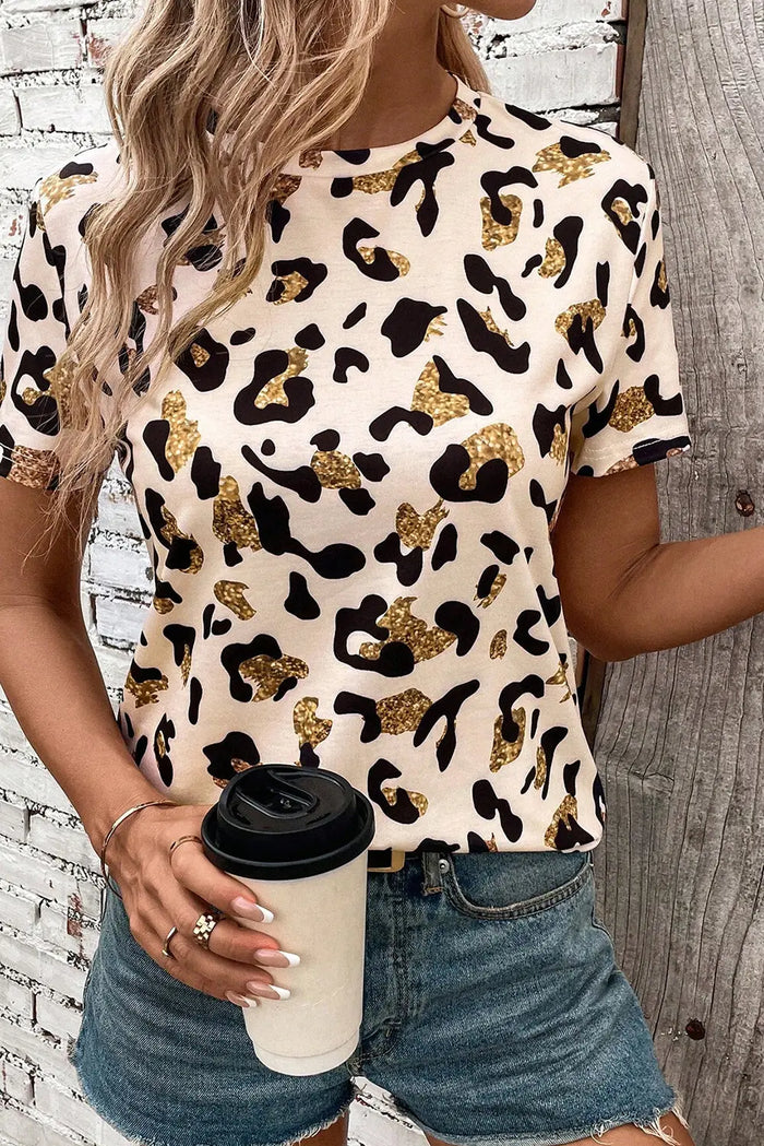 Beige Leopard Print Round Neck Casual T Shirt - Tops/Tops & Tees