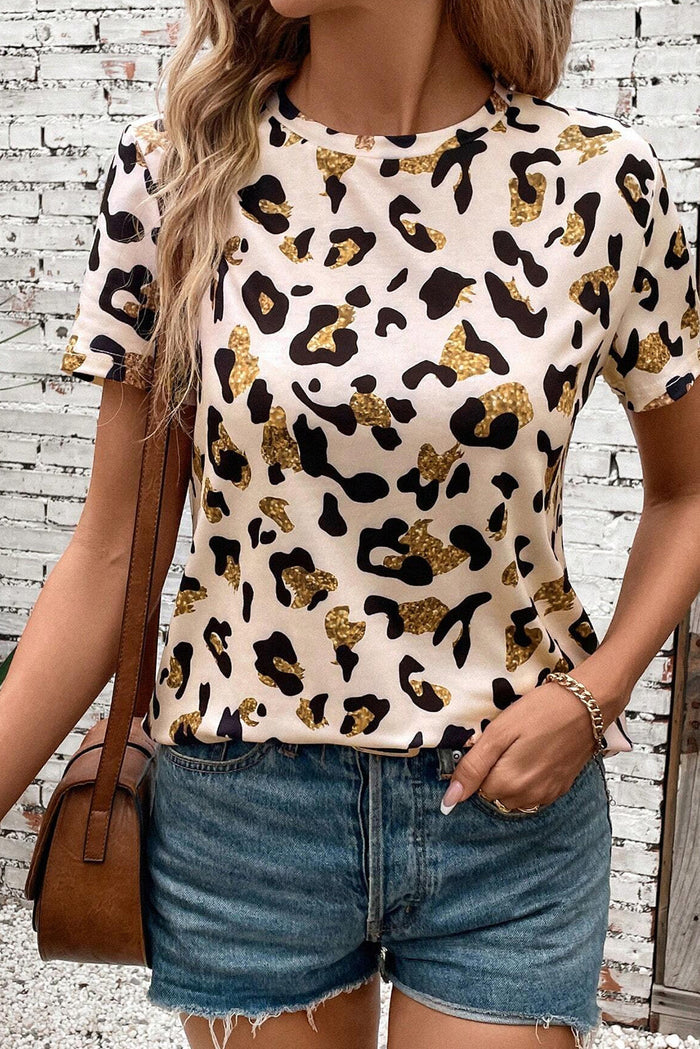 Beige Leopard Print Round Neck Casual T Shirt - Tops/Tops & Tees