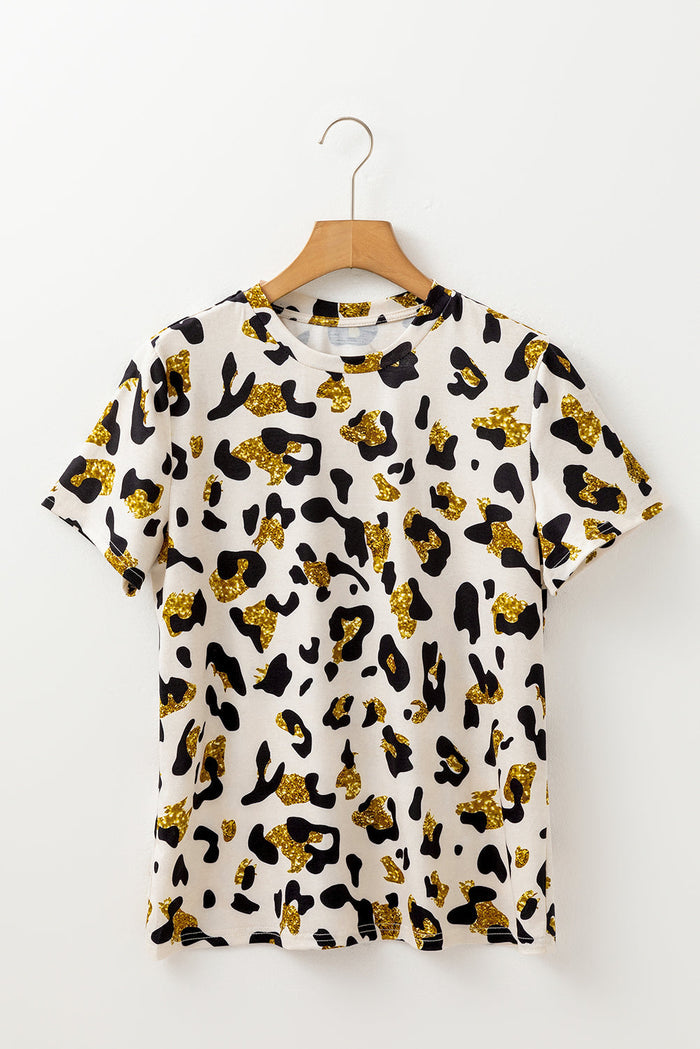 Beige Leopard Print Round Neck Casual T Shirt - Tops/Tops & Tees