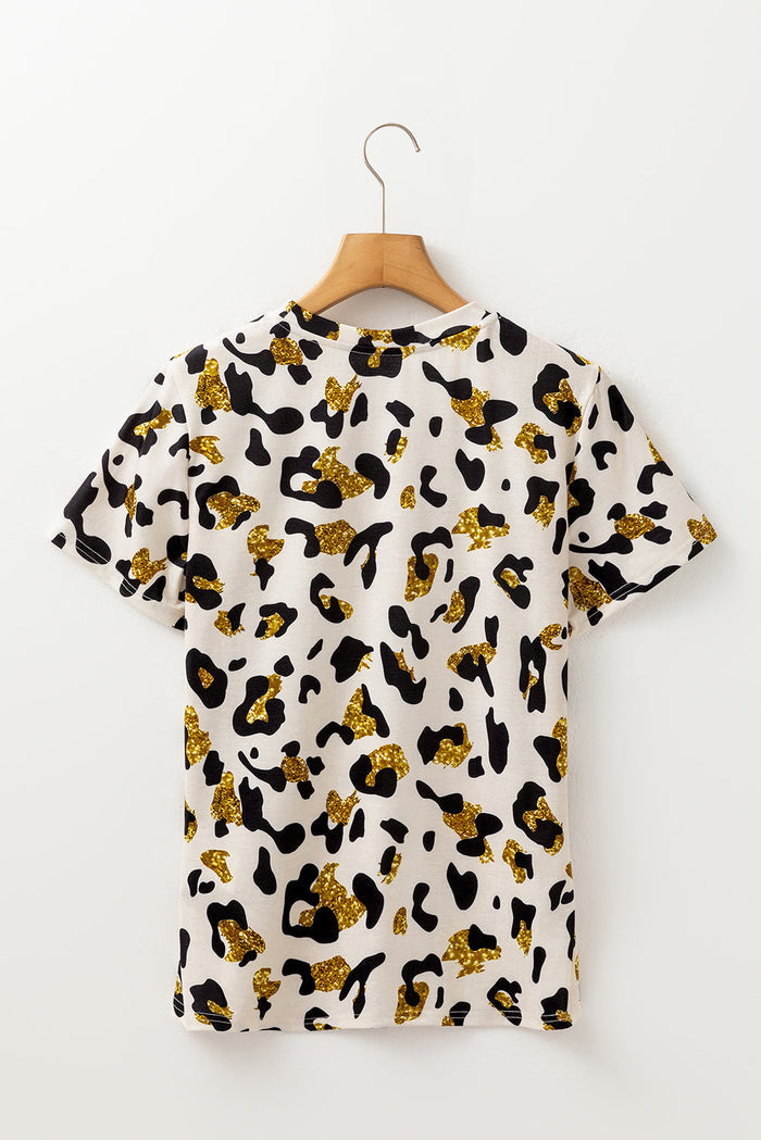 Beige Leopard Print Round Neck Casual T Shirt - Tops/Tops & Tees