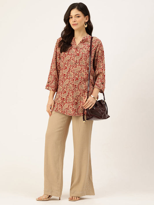 Beige Paisley Printed Mandarin Collar Tunic