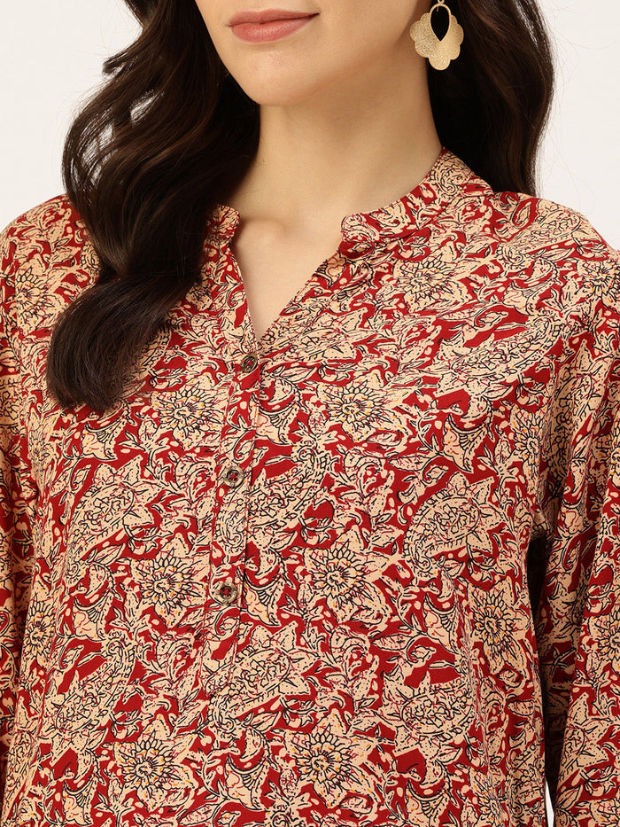 Beige Paisley Printed Mandarin Collar Tunic