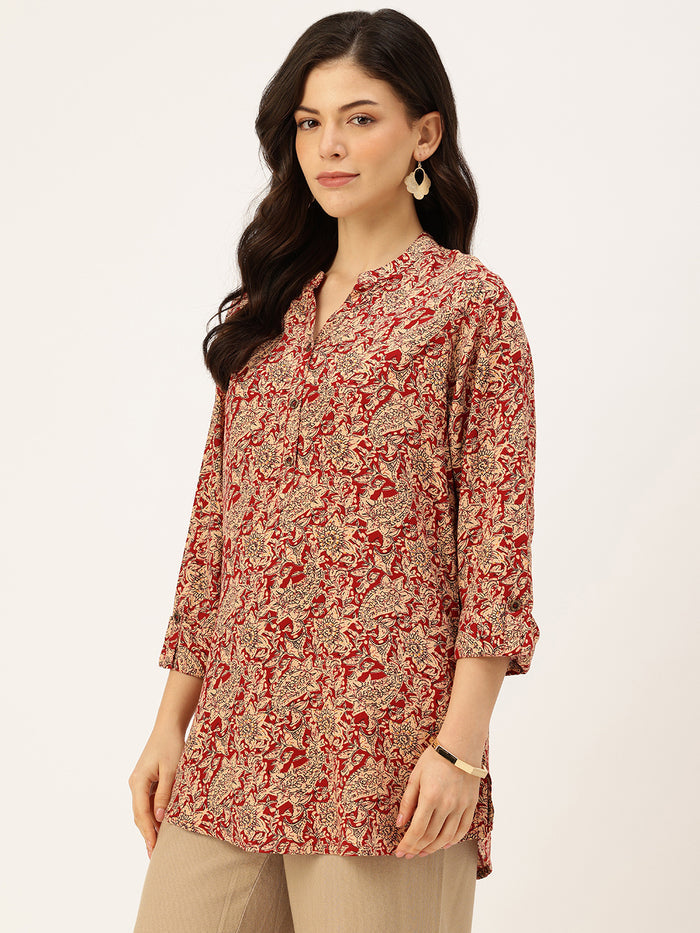 Beige Paisley Printed Mandarin Collar Tunic