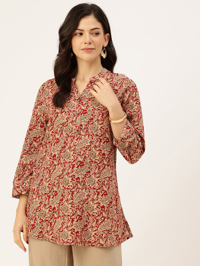 Beige Paisley Printed Mandarin Collar Tunic