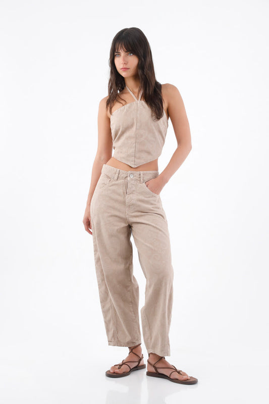 Beige Short Cotton Halter Top with Straps for Women